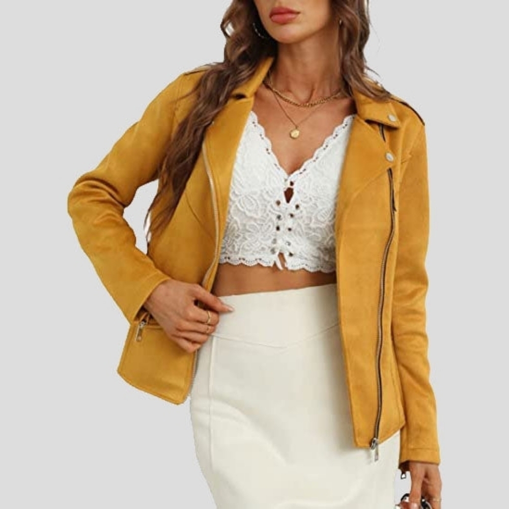 Women's Yellow Faux Suede Moto Biker Jacket